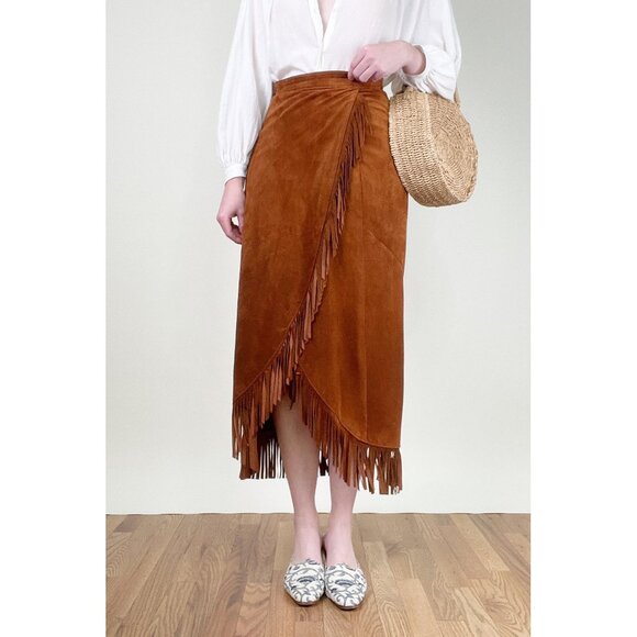 Vintage Fringe Suede Leather Midi Skirt Boho Hippie Bohemian Western Cowgirl 70s - Picture 1 of 9